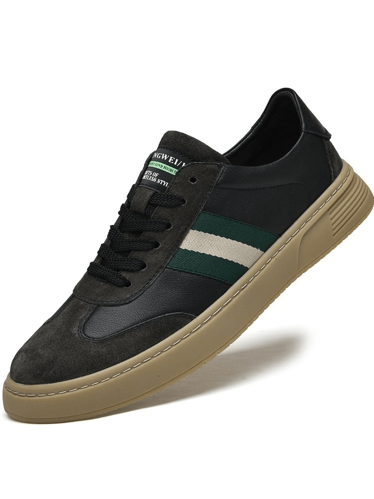Stylish leather men's sports shoes SF1176 with green stripe, premium quality, breathable lining, durable rubber sole, black color